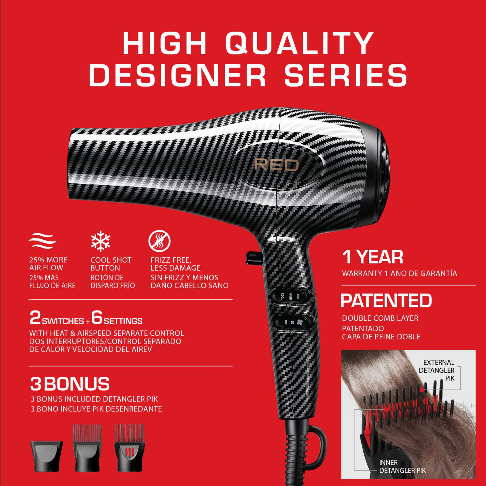 RED by Kiss Designer Series Detangler Dryer with 3 Styling Attachments
